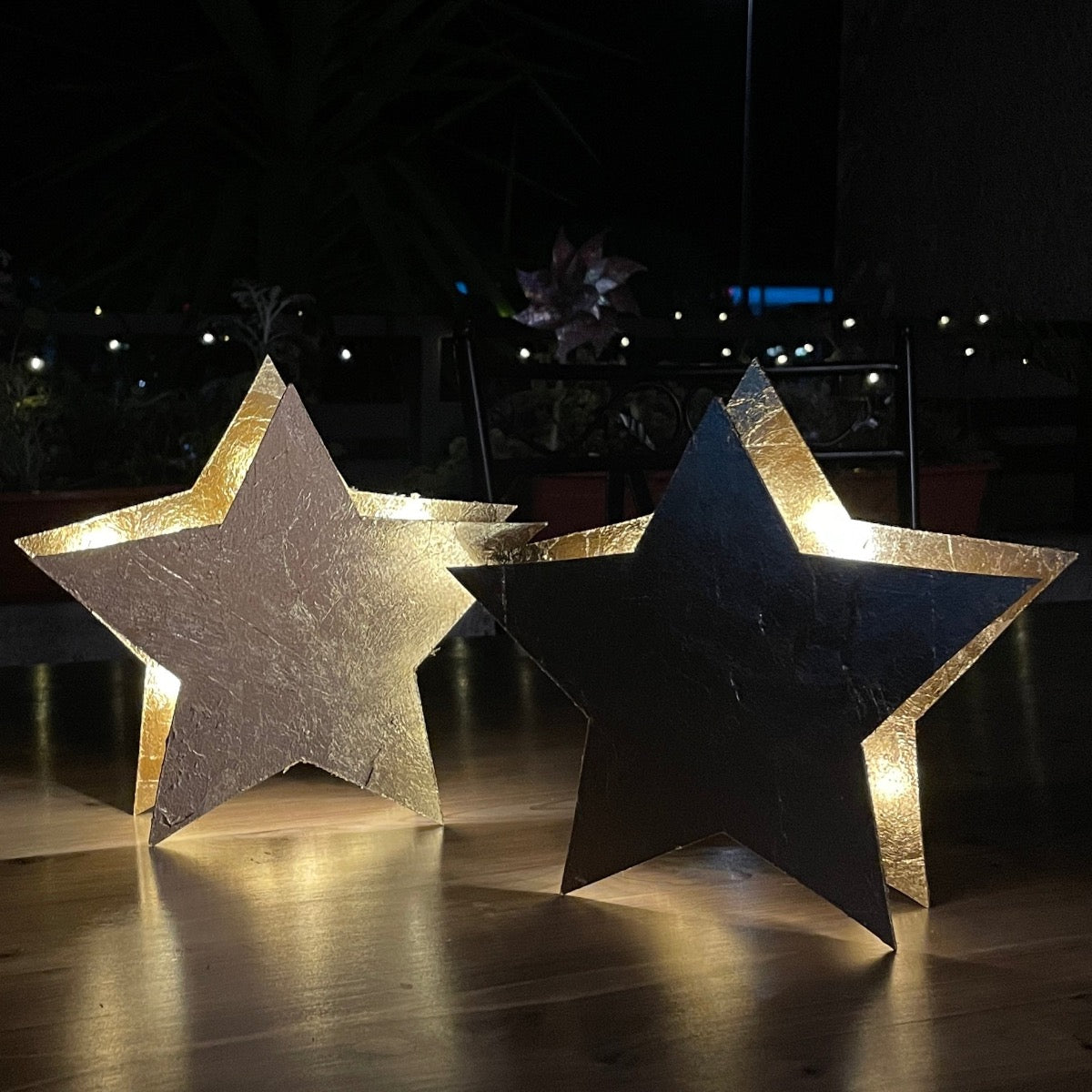 Set di 2 stelle luminose di Natale, fatte a mano, stelle decorative in finitura oro
