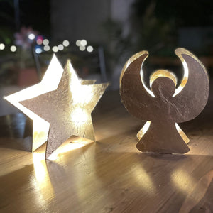 Set di 2 luci natalizie fatte a mano, stella decorativa e angelo in finitura oro