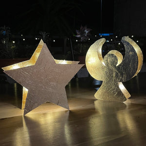 Set di 2 luci natalizie fatte a mano, stella decorativa e angelo in finitura oro