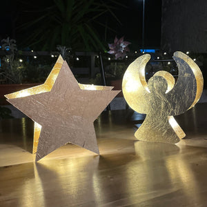 Set di 2 luci natalizie fatte a mano, stella decorativa e angelo in finitura oro