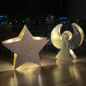 Set di 2 luci natalizie fatte a mano, stella decorativa e angelo in finitura oro