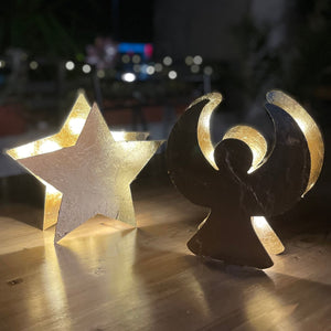 Set di 2 luci natalizie fatte a mano, stella decorativa e angelo in finitura oro